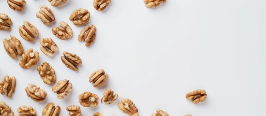 Wall Mural - Walnut kernels displayed on a white background from above, with space for text.