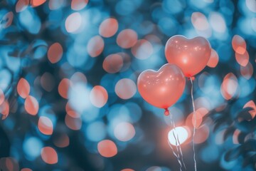 Aufkleber - Two heart-shaped balloons float against a backdrop of bokeh lights, perfect for romantic events. Generative AI