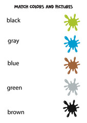 Wall Mural - Match words and pictures, match splashes with colors. Worksheet for kids.