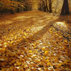 Wall Mural - Path paved with fallen leaves: A path is completely covered by autumn leaves, which sparkle in the sun, forming a golden path. Descriptors: leaf path, autumn, sunshine. . Natural seasonal changes, gen