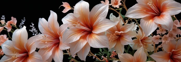 Wall Mural - Delicate Peach Flowers on Black Background.