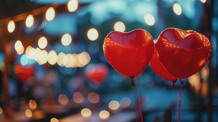 Aufkleber - Two heart-shaped balloons float against a romantic evening backdrop of string lights. Generative AI