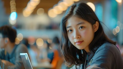 the picture of the east asian girl is working as the coding programmer inside the office and blur ba