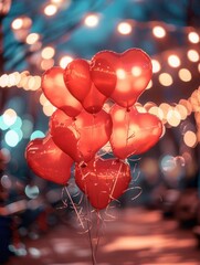 Aufkleber - Heart-shaped balloons illuminated by string lights against a romantic evening cityscape. Generative AI