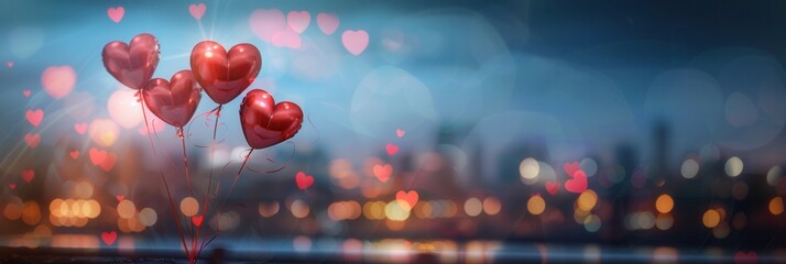 Aufkleber - Heart-shaped balloons float against a backdrop of city lights in a romantic setting. Ideal for restaurants, romantic event planners, and love-themed visuals. Generative AI