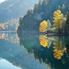 Wall Mural - Reflection on the lake surface: The calm lake surface reflects an autumn scenery. The lake water is crystal clear and the reflection is clearly visible. Natural seasonal changes, generated by AI, high