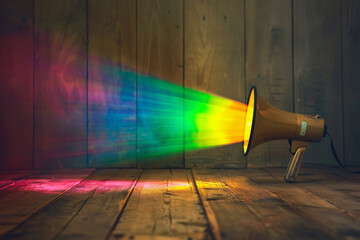 A megaphone projecting a rainbow beam of light, symbolizing hope and optimism in the workplace