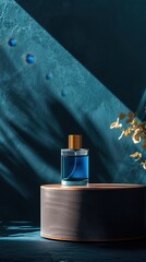 Wall Mural - Blue Perfume Bottle with Golden Cap on Wooden Platform, Sunlight Rays, Elegant Fragrance Concept