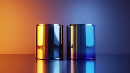 Two metallic cylinders, one blue and one orange, on a gradient background. A modern and stylish abstract design.