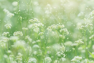 Wall Mural - A field of white blooming cowhide plants, with a green background, and a blurred focus on the foreground plants, creating a depth of field effect, with natural light, captured with a macro lens, showi
