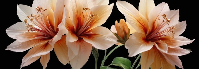 Wall Mural - Delicate Peach Flower with Red Veins on Black Background.