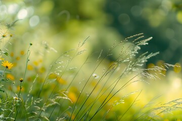Wall Mural - In the garden, there is some tall grass with green leaves and yellow flowers in blurred focus. The background of fresh natural scenery has soft tones and highlights the texture details of fluffy grass
