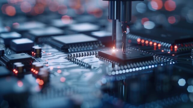 Close-up macro shot of microchip manufacturing machine placing a microchip on a circuit board with precision in a high-tech factory.