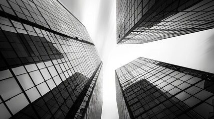 Wall Mural - A low-angle black and white photograph of modern skyscrapers with sleek glass facades and geometric designs