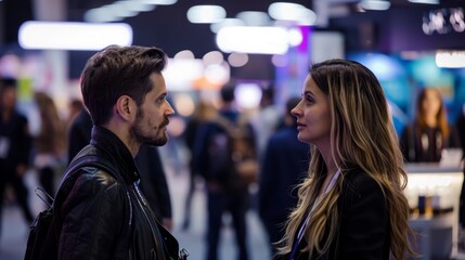 Wall Mural - A man and woman stand in close proximity at a bustling convention center, engaged in deep conversation