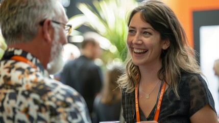 Wall Mural - A woman laughs as she connects with a presenter at a networking event booth