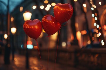 Aufkleber - Three red heart-shaped balloons against the backdrop of a romantic evening in the city. Generative AI
