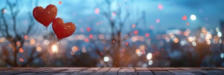 Aufkleber - Two heart-shaped balloons float against a bokeh backdrop of city lights and a twilight sky. Generative AI