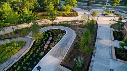 Wall Mural - An aerial photograph showcasing a completed green infrastructure project in an urban setting. The project features a series of rain gardens and pathways