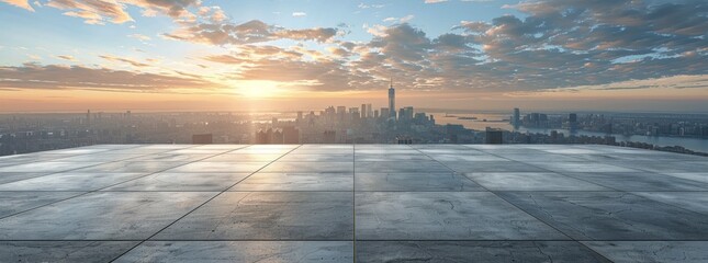Wall Mural - Wide View of City Skyline From Rooftop Terrace With White Clouds