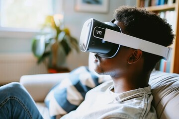 Poster - Child wearing VR headset at home, engaging in an immersive virtual reality experience with modern technology in a comfortable indoor setting.