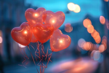 Aufkleber - Heart-shaped balloons glow softly against a backdrop of twinkling lights in an urban setting, creating a magical and romantic atmosphere. Generative AI
