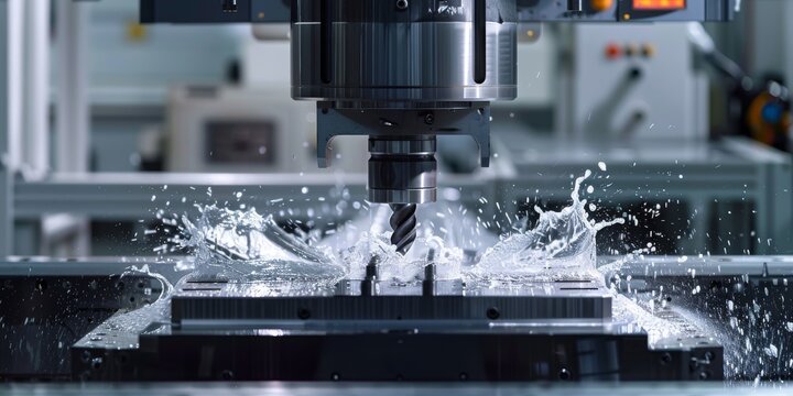 High-tech manufacturing environment featuring a CNC machine in action with coolant splashing
