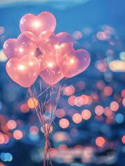 Aufkleber - A cluster of pink, heart-shaped balloons float against a backdrop of evening city lights. Generative AI