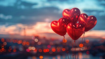Aufkleber - A close-up of red heart-shaped balloons against the backdrop of a city skyline at sunset. Ideal for romantic event planners and restaurants. Generative AI
