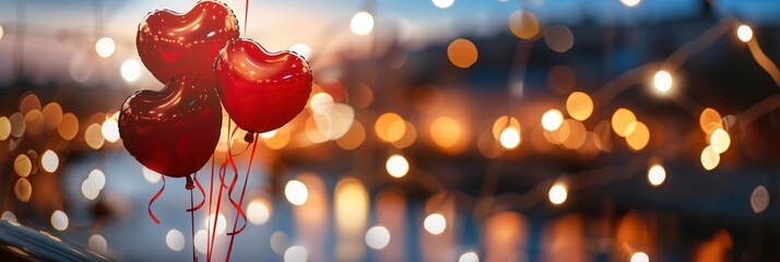 Aufkleber - Red heart-shaped balloons in the foreground with a blurred cityscape of twinkling lights behind. Generative AI