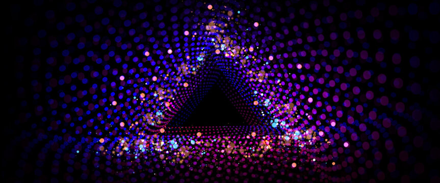 Triangular light tunnel background for disco party. Abstract cyber glow design with perspective triangle surface panorama bg. Network and data infinity grid, glitter, and blue pink dot creative swirl