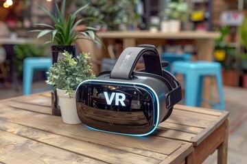 Poster - VR headset on a table in a modern setting, representing the future of virtual reality and interactive technology, innovation in digital experiences.