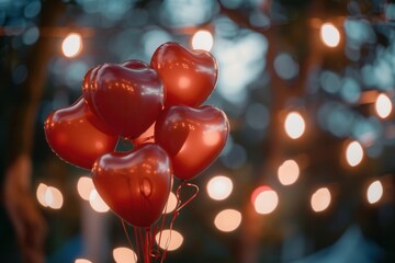 Aufkleber - Close-up of red heart-shaped balloons with warm lights in the background. Ideal for restaurants and event planners wanting a romantic touch. Generative AI