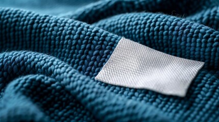 A minimalist composition featuring a white blank laundry care label against a deep blue shirt fabric background, the simplicity of the design highlighting the contrast and the texture of the fabric