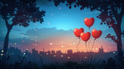 Aufkleber - A romantic evening scene with heart-shaped balloons floating against a cityscape skyline. Generative AI