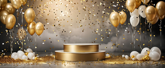 Wall Mural -  Podium birthday balloon gift gold background product festive golden stand platform winner stage. Balloon 3d confetti birthday party pedestal podium display anniversary scene premium award card banner