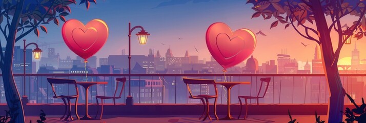 Aufkleber - An intimate table setting on a rooftop, complete with heart-shaped balloons floating in the air, creates a perfect romantic atmosphere for an unforgettable evening. Generative AI