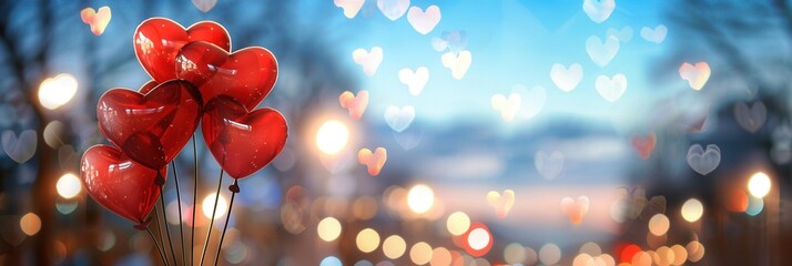Aufkleber - Red heart-shaped balloons float against a backdrop of city lights, creating a romantic and intimate scene. Ideal for restaurant and event planners. Generative AI