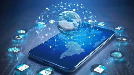 Poster - Digital technology IoT Internet of Things Global internet network and social media communication for digital marketing and global business mobile banking via mobile app wireless techno : Generative AI