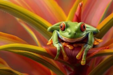 Colorful red-eyed tree frog perched on a vibrant tropical plant. Close-up nature photograph showcasing vivid colors and details.