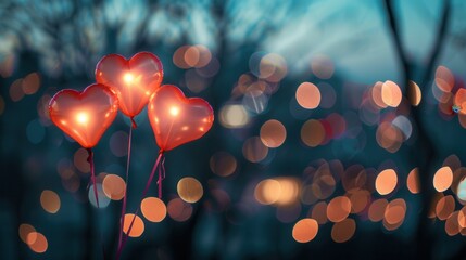 Aufkleber - Three glowing, heart-shaped balloons float against a backdrop of twinkling city lights. Generative AI