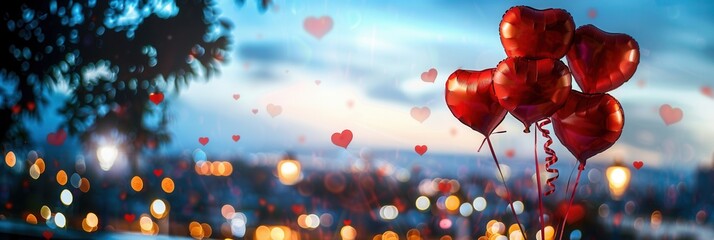 Aufkleber - A cluster of red heart-shaped balloons floats against a backdrop of a romantic cityscape at dusk. Generative AI