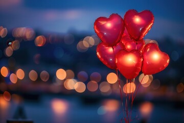 Aufkleber - Heart-shaped balloons float against a backdrop of twinkling city lights, perfect for a romantic evening in a park or rooftop setting. Generative AI