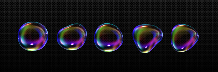 Wall Mural - 3d soap bubbles set isolated on transparent background. vector realistic illustration of rainbow col