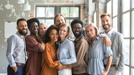 Leinwandbilder - Diverse team of happy business people Group portrait joyful young and senior Caucasian and African American men and women friends coworkers standing in office hugging looking at camera : Generative AI