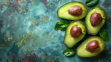 A close-up image of four halved avocados with seeds, arranged on a teal textured background with green leaves.
