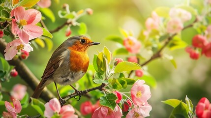 a robin bird is sitting in a sunny spring garden on a branch of an apple tree with pink flowers : Generative AI