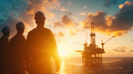 Silhouettes of workers at sunset on an offshore oil rig platform, showcasing the energy industry against a dramatic sky.