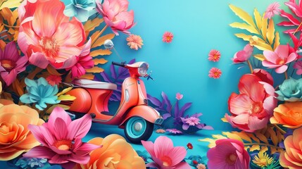 Wall Mural - Surreal composition with scooter and flowers, colorful background illustration