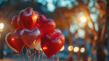 Aufkleber - Heart-shaped balloons against a romantic evening cityscape, perfect for restaurant and event planners. Generative AI